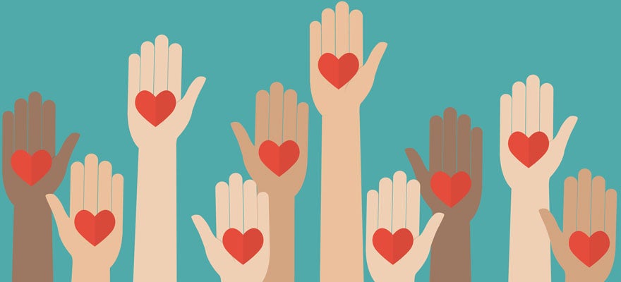 illustration of raised hands with the heart symbol on them