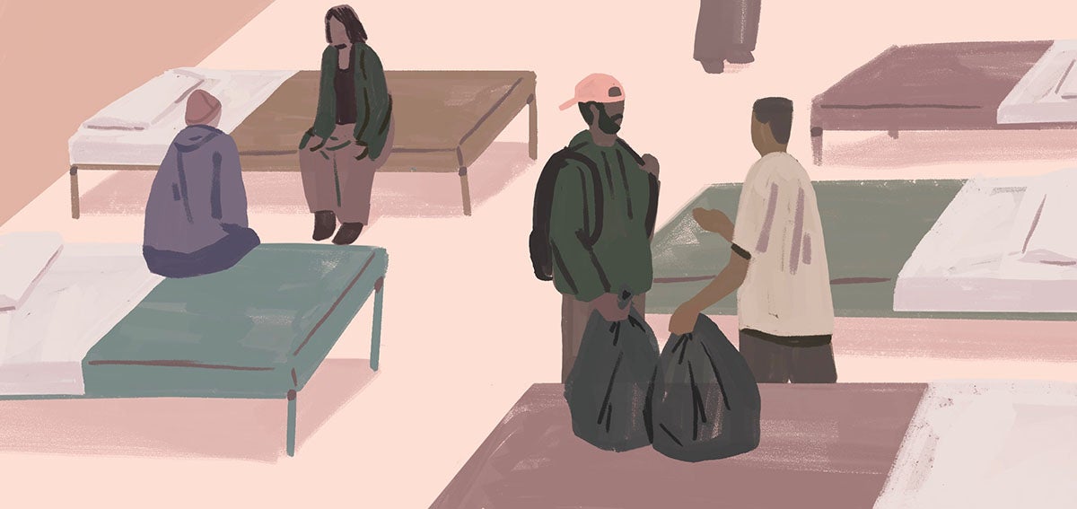 Illustration of people sitting on beds in a medical respite center